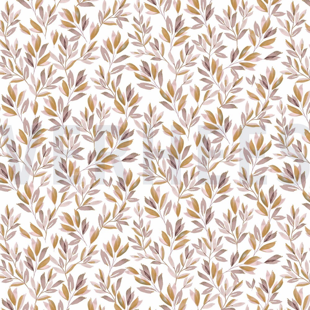 JERSEY DIGITAL FLOWERS AND LEAVES WHITE/OLD BLUSH