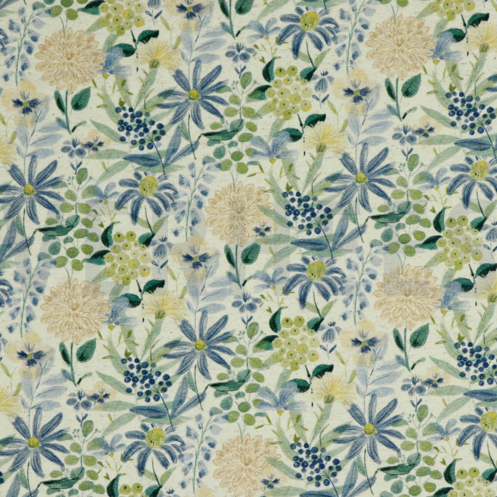 LINEN JERSEY DIGITAL FLOWERS ECRU/BLUE