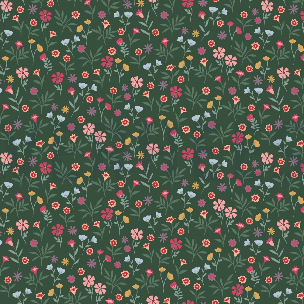 POPLIN FLOWERS FOREST GREEN (hover)