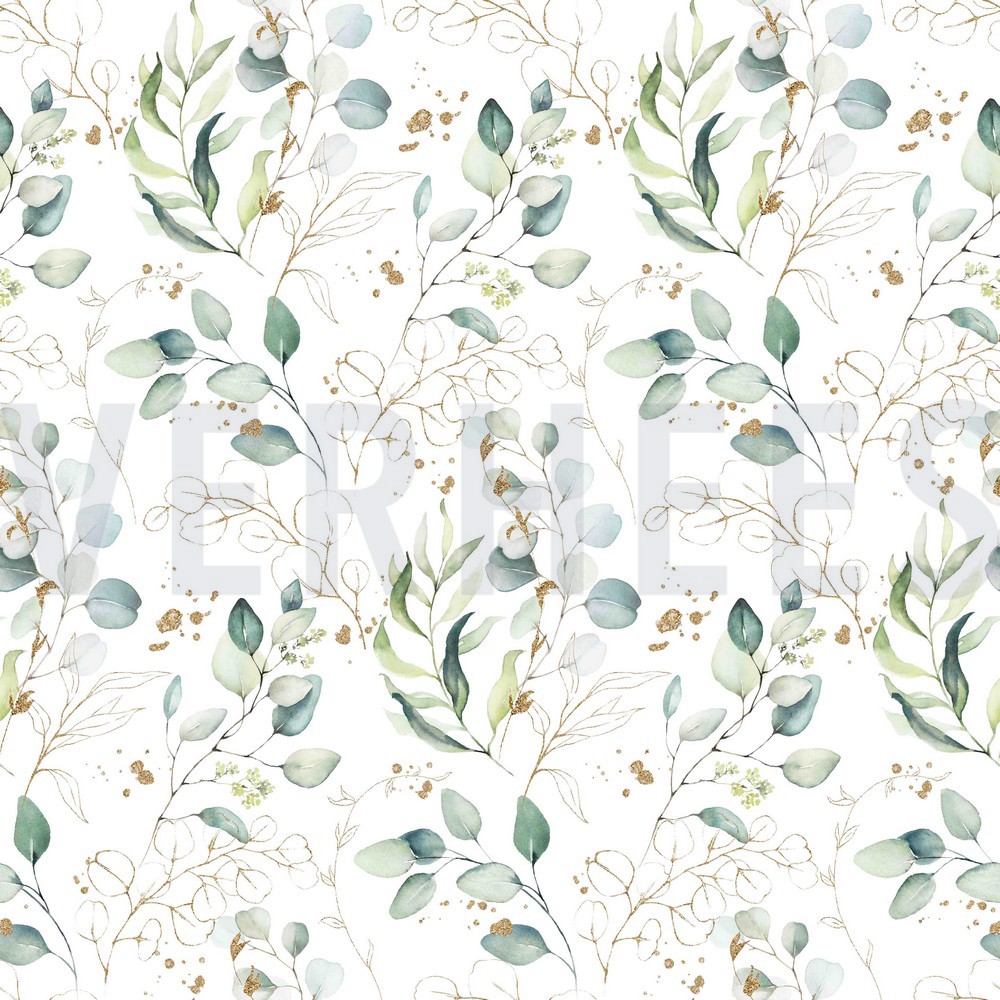 FINE POPLIN DIGITAL EUCALYPTUS LEAVES WHITE