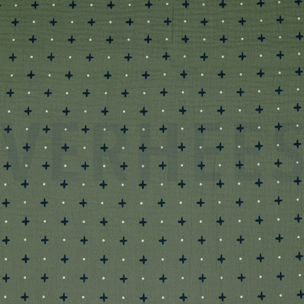 DOUBLE GAUZE CROSS AND DOTS MOSS GREEN